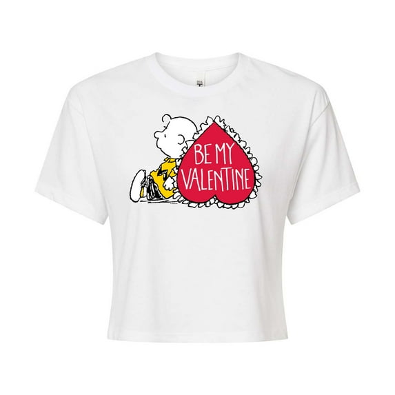 Peanuts - Be My Valentine - Charlie Brown Heart - Juniors Cropped Cotton Blend T - Shirt