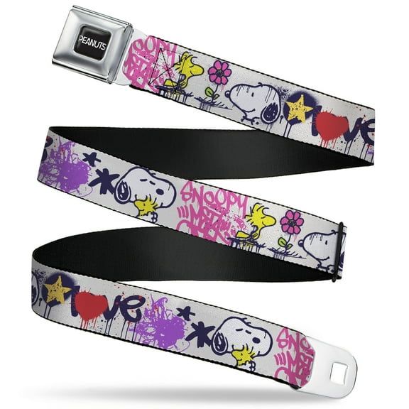 Peanuts Belt, Seatbelt Buckle Belt, Peanuts Snoopy and Woodstock Graffiti Collage Multi Color, 30 to 44 Inches