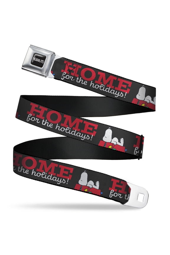 Peanuts Belt, Seatbelt Buckle Belt, Snoopy Home For the Holidays Dog House Pose Black Red White, Youth 22 to 32 Inches