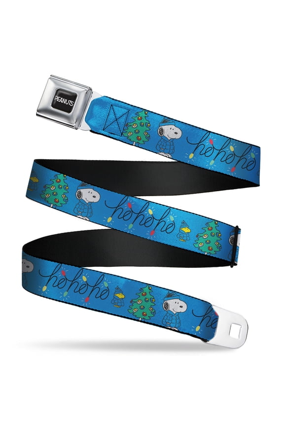 Peanuts Belt, Seatbelt Buckle Belt, Snoopy and Woodstock Holiday Puffer Jacket Ho Ho Pose Blue, Youth 22 to 32 Inches