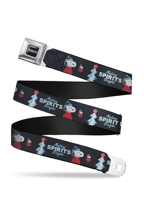 Peanuts Belt, Seatbelt Buckle Belt, Snoopy and Woodstock Puffy Jacket Making Spirits Bright Pose, 30 to 44 Inches