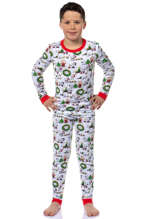 Peanuts Christmas Santa Snoopy Charlie Brown Characters Matching Family Holiday Tight-Fit 2PC Pajama Set