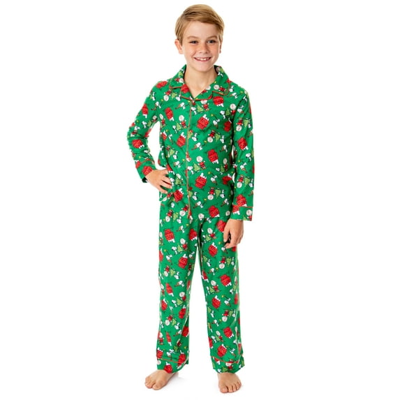 Peanuts Kids' Christmas Snoopy Charlie Brown 2PC Button-Down Coat Front Sleep Holiday Pajama Pant Set For Boys Girls