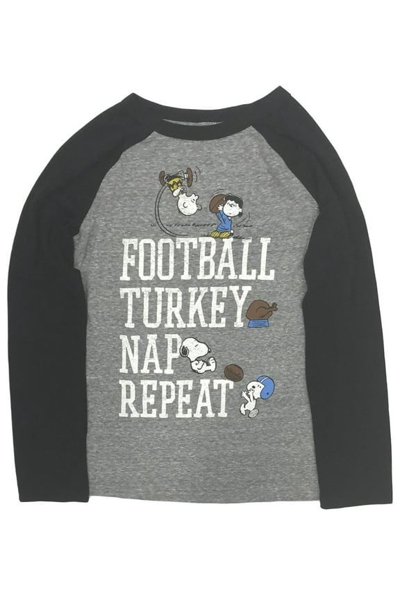 Boys Gray Snoopy Football Turkey Nap Repeat Thanksgiving Tee Shirt 7