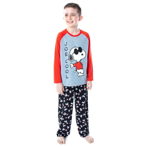 Peanuts Boys' Joe Cool Snoopy Long-Sleeve Raglan Sleep Shirt Pajama Pant 2 Piece PJs Sleepwear Set