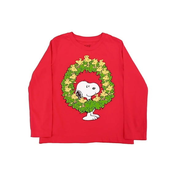 Peanuts Boys Red Snoopy & Woodstock Wreath Long Sleeve Christmas Shirt T-Shirt 4