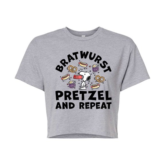 Peanuts - Bratwurst Pretzel And Repeat Snoopy - Juniors Cropped Cotton Blend T-Shirt