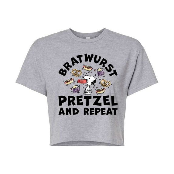 Peanuts - Bratwurst Pretzel And Repeat Snoopy - Juniors Cropped Cotton Blend T-Shirt
