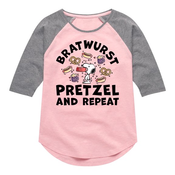 Peanuts - Bratwurst Pretzel And Repeat Snoopy - Toddler & Youth Girls Raglan Graphic T-Shirt