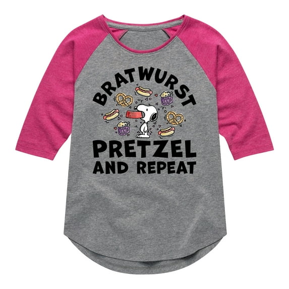 Peanuts - Bratwurst Pretzel And Repeat Snoopy - Toddler & Youth Girls Raglan Graphic T-Shirt