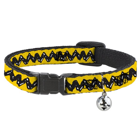 Peanuts Breakaway Cat Collar With Bell, Plastic Clip, Easy Adjustable, Peanuts 75th Charlie Brown Zig Zag Stripe Yellow Black, 8.5 to 12 Inches 0.5 Inch Wide