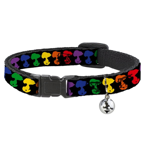 Peanuts Breakaway Cat Collar With Bell, Plastic Clip, Easy Adjustable, Peanuts Snoopy Silhoutte Pose Black Rainbow Multi Color, 8.5 to 12 Inches 0.5 Inch Wide