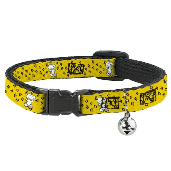 Peanuts Breakaway Cat Collar With Bell, Plastic Clip, Easy Adjustable, Peanuts Snoopy Smiling Pose Paw Print Yellow Black White, 8.5 to 12 Inches 0.5 Inch Wide