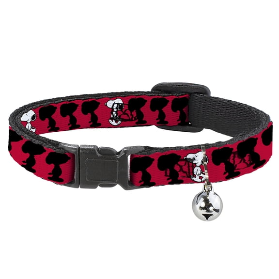 Peanuts Breakaway Cat Collar With Bell, Plastic Clip, Easy Adjustable, Peanuts Snoopy Walking Silhouette Pose Red Black White, 8.5 to 12 Inches 0.5 Inch Wide