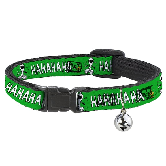 Peanuts Breakaway Cat Collar With Bell, Plastic Clip, Easy Adjustable, Peanuts Snoopy and Woodstock Laughing HaHa Pose Green, 8.5 to 12 Inches 0.5 Inch Wide