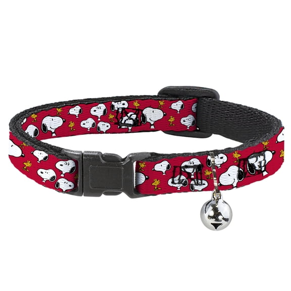 Peanuts Breakaway Cat Collar With Bell, Plastic Clip, Easy Adjustable, Peanuts Snoopy and Woodstock Poses Scattered Red, 8.5 to 12 Inches 0.5 Inch Wide