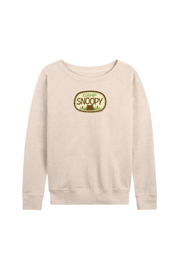- Camp Snoopy Faux Patch - Women's French Terry Long Sleeve Pullover