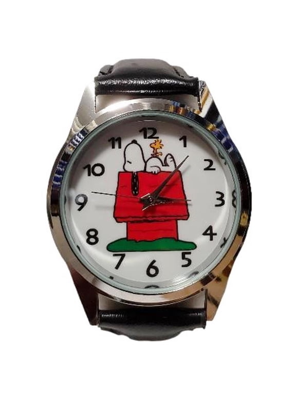 Peanuts Cartoon Dog Character on Dog House Black Leather Band Wrist Watch