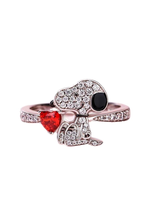 Peanuts Cartoon Dog With Rhinestones And Heart Stainless Steel Band Ring Size 6