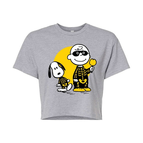 Peanuts - Charlie And Snoopy Skeleton - Juniors Cropped Cotton Blend T-Shirt
