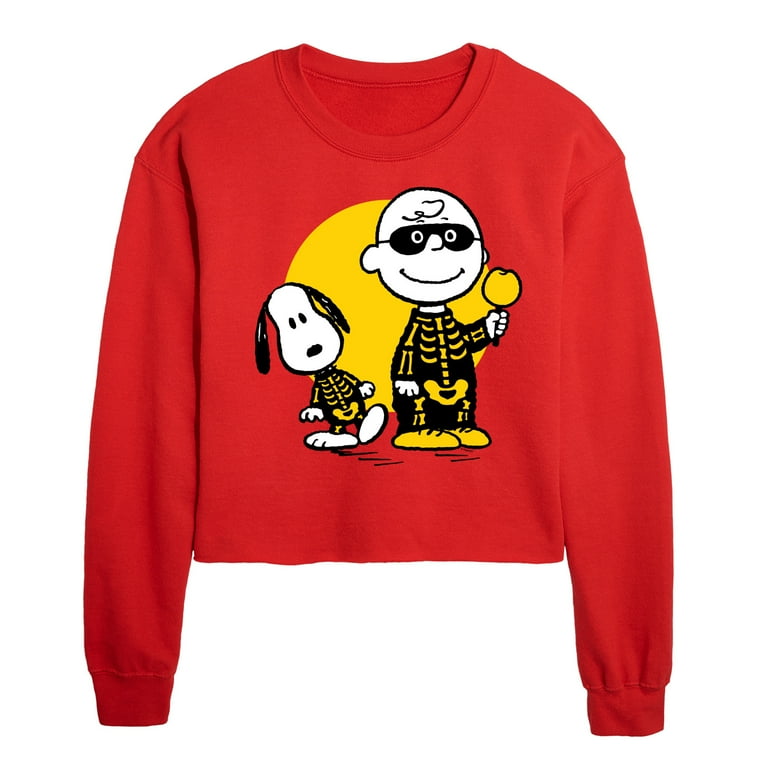 Peanuts Charlie And Snoopy Skeleton Juniors Cropped Crew Neck Sweatshirt