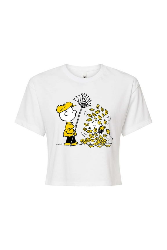 - Charlie Brown Snoopy Fall Leaves - Juniors Cropped Cotton Blend T-Shirt