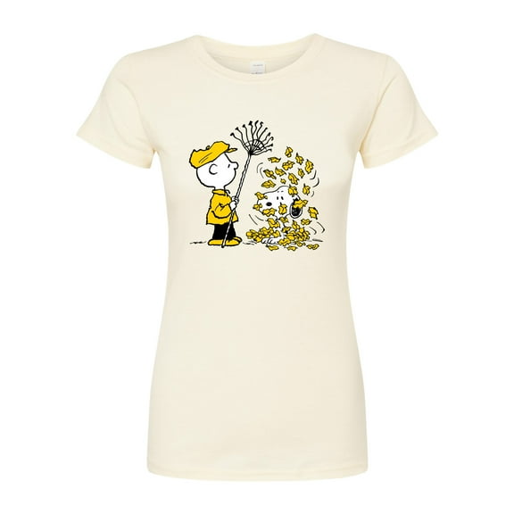 Peanuts - Charlie Brown Snoopy Fall Leaves - Juniors Fitted Graphic T-Shirt