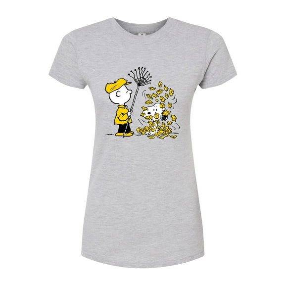 Peanuts - Charlie Brown Snoopy Fall Leaves - Juniors Fitted Graphic T-Shirt