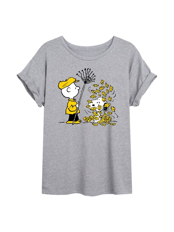 - Charlie Brown Snoopy Fall Leaves - Juniors Ideal Flowy Muscle T-Shirt