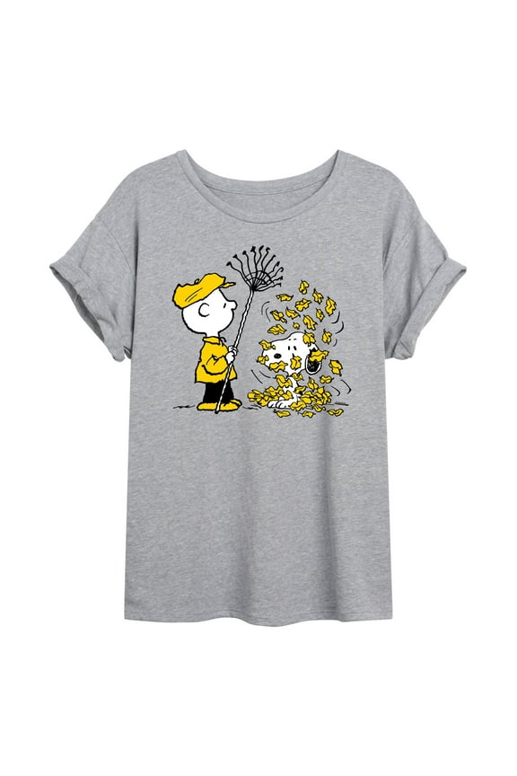 - Charlie Brown Snoopy Fall Leaves - Juniors Ideal Flowy Muscle T-Shirt