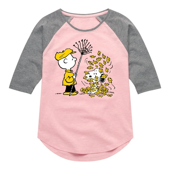 Peanuts - Charlie Brown Snoopy Fall Leaves - Toddler & Youth Girls Raglan Graphic T-Shirt