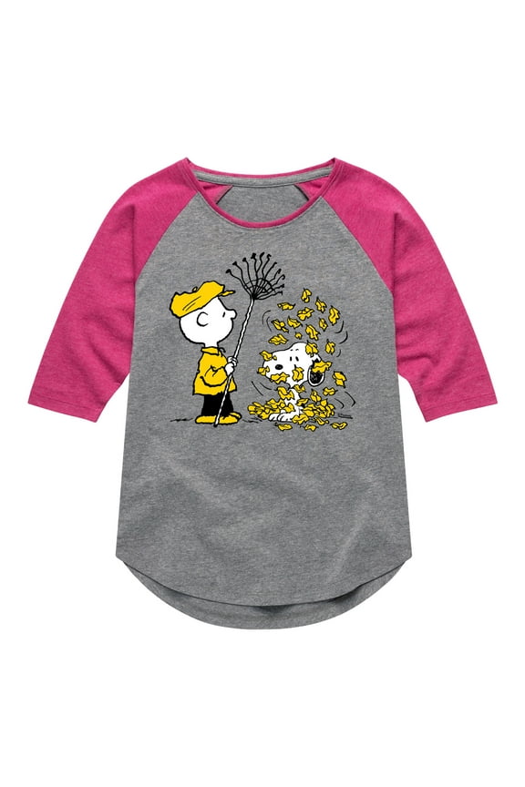 - Charlie Brown Snoopy Fall Leaves - Toddler & Youth Girls Raglan Graphic T-Shirt