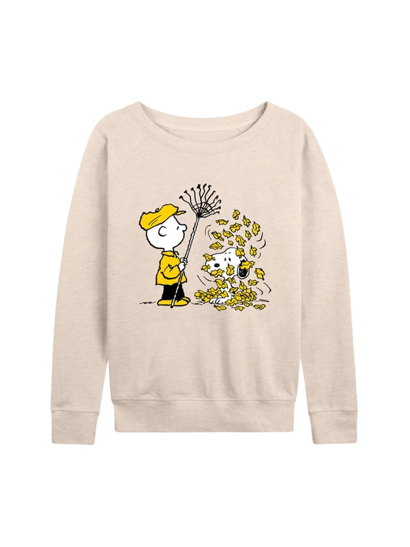 - Charlie Brown Snoopy Fall Leaves Women's Lightweight French Terry Wide Neck Long Sleeve Graphic Shirt