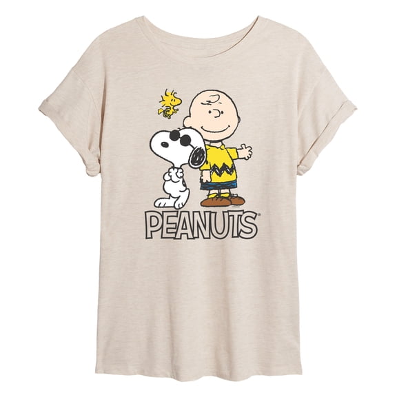 Peanuts - Charlie Brown, Snoopy & Woodstock - Juniors Oversized Graphic T-Shirt
