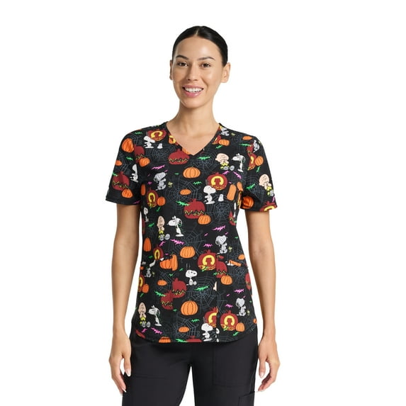 Peanuts Charlie Brown Spooky Snoopy Women's V-Neck Print Scrub Top