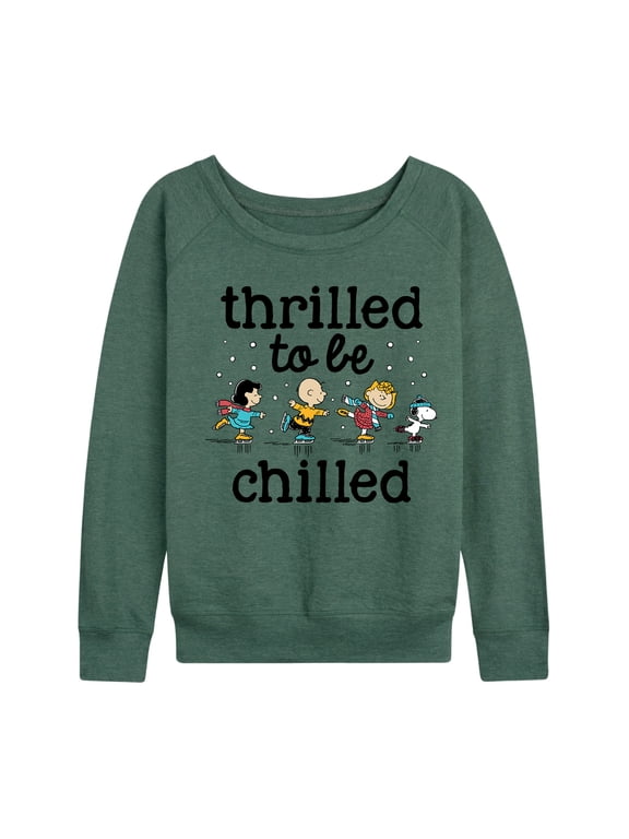 - Snoopy's and Friends Thrilled to be Chilled Lightweight French Terry Wide Neck Long Sleeve Graphic Shirt