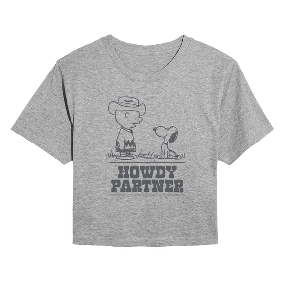 Peanuts - Charlie Snoopy Howdy Partner -Juniors Cropped Short Sleeve Graphic T-Shirt