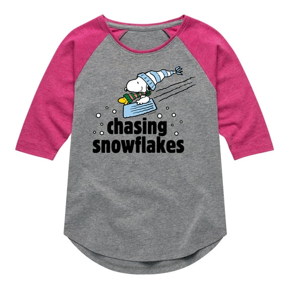Peanuts - Snoopy & Woodstock Chasing Snowflakes Christmas - Toddler And Youth Girls Raglan Graphic T-Shirt