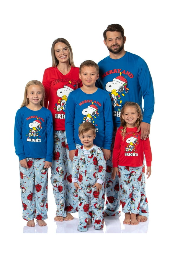 Peanuts Christmas Pajamas Boy's Snoopy Woodstock Merry & Bright Holiday AOP Kids Fleece Pajama Pant 2-Piece Pajama Set