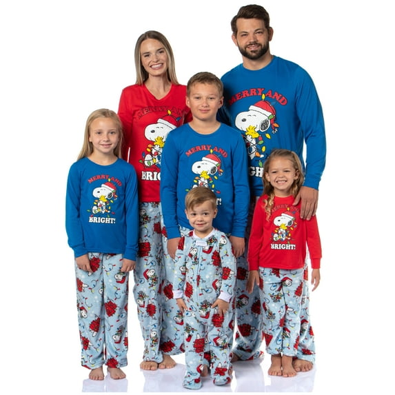 Peanuts Christmas Pajamas Woman's Snoopy Woodstock Merry & Bright Holiday AOP Fleece Pajama Pant 2-Piece Pajama Set