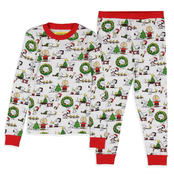 Peanuts Christmas Santa Snoopy Charlie Brown Characters Matching Family Holiday Tight-Fit 2PC Pajama Set