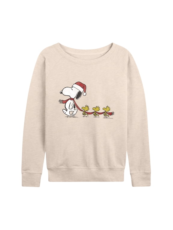 - Christmas Snoopy & Woodstock Women's Lightweight French Terry Wide Neck Long Sleeve Graphic Shirt