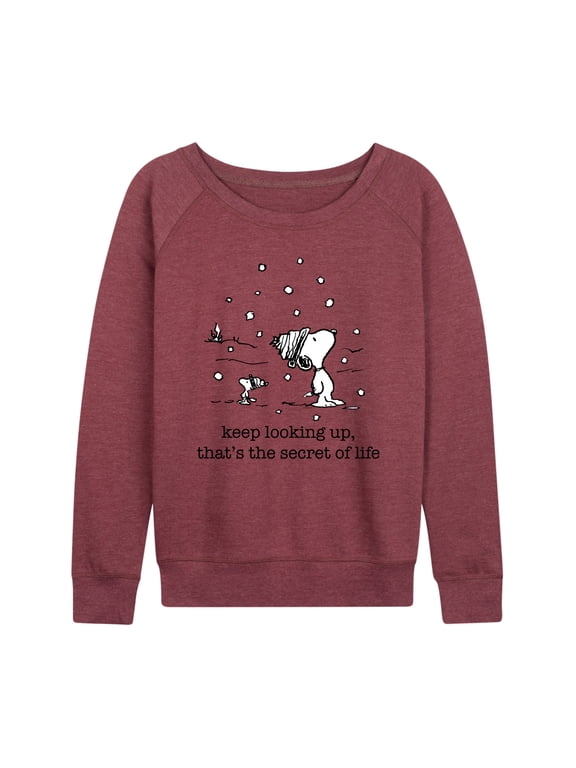 - Dec Snoopy Woodstock Snowfall Women's Lightweight French Terry Wide Neck Long Sleeve Graphic Shirt
