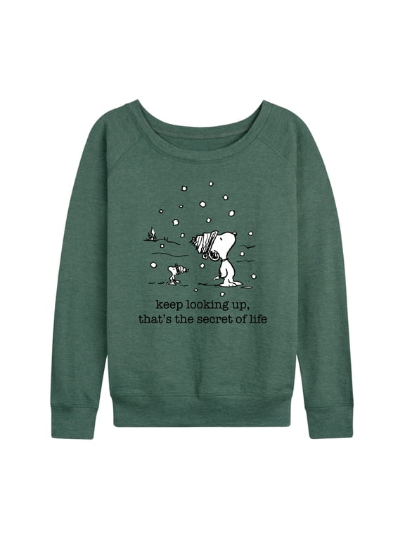 - Dec Snoopy Woodstock Snowfall Women's Lightweight French Terry Wide Neck Long Sleeve Graphic Shirt