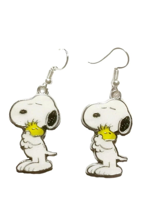 Peanuts Dog Hugging Woodstock Cartoon Enamel French Wire Earrings