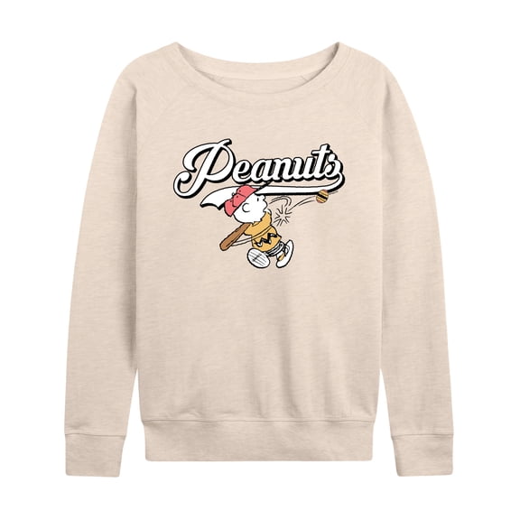 Peanuts - Easter Egg Baseball Women's Lightweight French Terry Wide Neck Long Sleeve Graphic Shirt