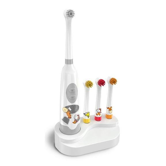 Peanuts Electric Toothbrush Kit 7,000 Vibrations Per Minute, 4 Replaceable Brush Heads, Battery Powered, Waterproof, Includes Base Stand