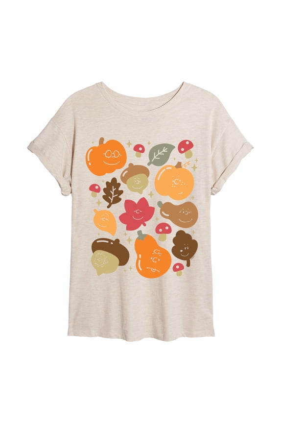 - Fall Icon Faces - Juniors Oversized Graphic T-Shirt