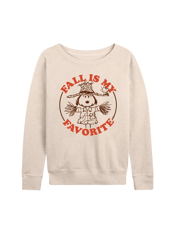 - Snoopy Fall Is My Favorite Women's Lightweight French Terry Wide Neck Long Sleeve Graphic Shirt