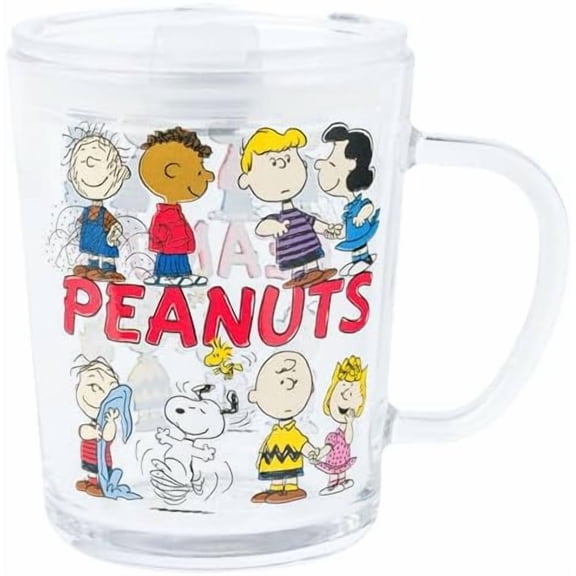 Peanuts Featuring Charlie Brown, Snoopy, Woodstock, Sally, Lucy, Linus, Schroeder, Franklin, and Pig-Pen Travel Glass Mug With Slide Close Lid and Handle, 14 Ounces